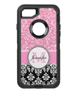 Girly Pink Glitter Black Damask OtterBox Defender iPhone 7 Case