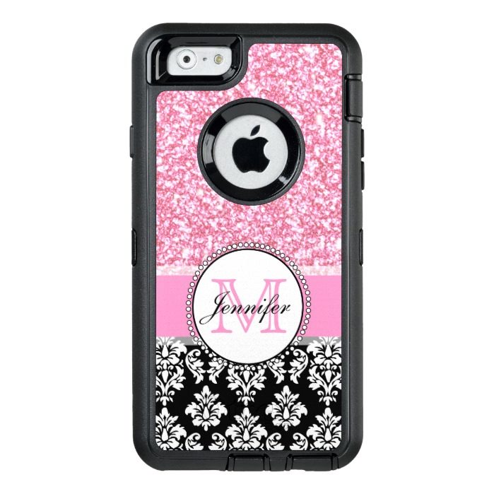 Girly Pink Glitter Black Damask Personalized OtterBox Defender iPhone Case