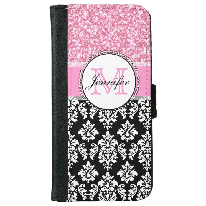 Girly Pink Glitter Black Damask Personalized iPhone 6/6s Wallet Case