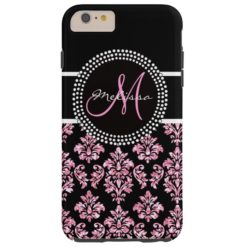 Girly Pink Glitter Printed Black Damask Monogram Tough iPhone 6 Plus Case