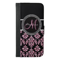 Girly Pink Glitter Printed Black Damask Monogram iPhone 6/6s Plus Wallet Case