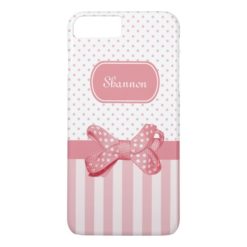Girly Pink Stripes Cute Polka Dot Bow With Name iPhone 7 Plus Case
