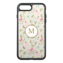 Girly Pink and Blue Flowers Trendy Gold Monogram OtterBox Symmetry iPhone 7 Plus Case