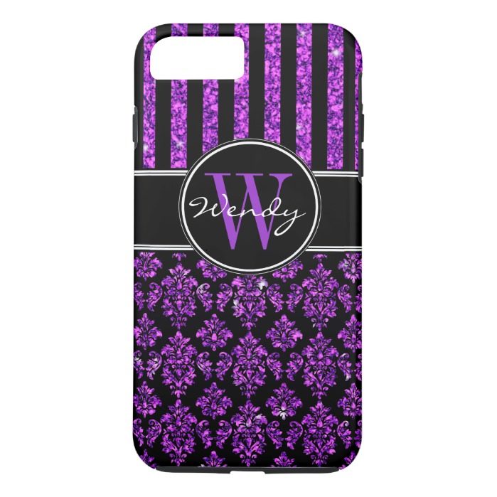 Girly Purple Glitter Black Damask Your Name iPhone 7 Plus Case