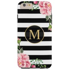 Girly Romantic Floral Black White Stripes Monogram Tough iPhone 6 Plus Case