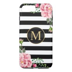 Girly Romantic Flower Black White Stripes Monogram iPhone 7 Plus Case