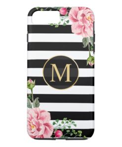 Girly Romantic Flower Black White Stripes Monogram iPhone 7 Plus Case