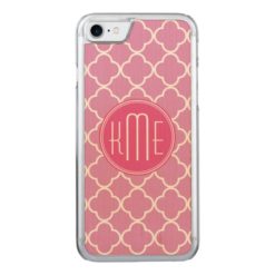 Girly Rose Pink Quatrefoil with Monogram Carved iPhone 7 Case