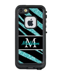 Girly Teal Faux Glitter Black Zebra Stripes Name LifeProof? FR?? iPhone 5 Case