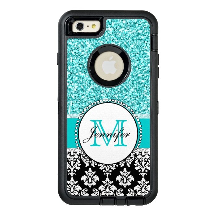 Girly Teal Glitter Black Damask Personalized OtterBox Defender iPhone Case