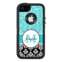 Girly Teal Glitter Black Damask Personalized OtterBox Defender iPhone Case