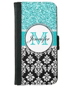 Girly Teal Glitter Black Damask Personalized iPhone 6/6s Wallet Case