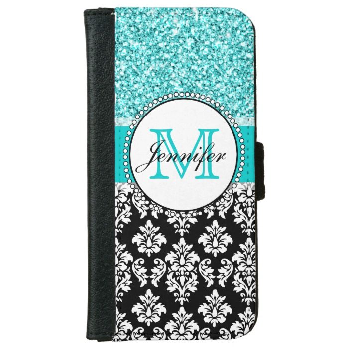 Girly Teal Glitter Black Damask Personalized iPhone 6/6s Wallet Case
