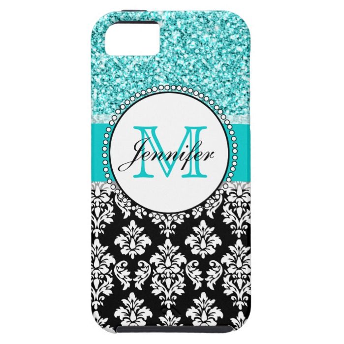Girly Teal Glitter Black Damask Personalized iPhone SE/5/5s Case