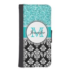 Girly Teal Glitter Black Damask Personalized iPhone SE/5/5s Wallet Case