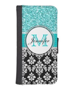 Girly Teal Glitter Black Damask Personalized iPhone SE/5/5s Wallet Case