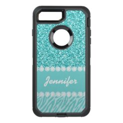 Girly Teal Glitter Zebra Stripes OtterBox Defender iPhone 7 Plus Case