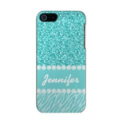 Girly Teal Glitter Zebra Stripes Personalized Metallic Phone Case For iPhone SE/5/5s