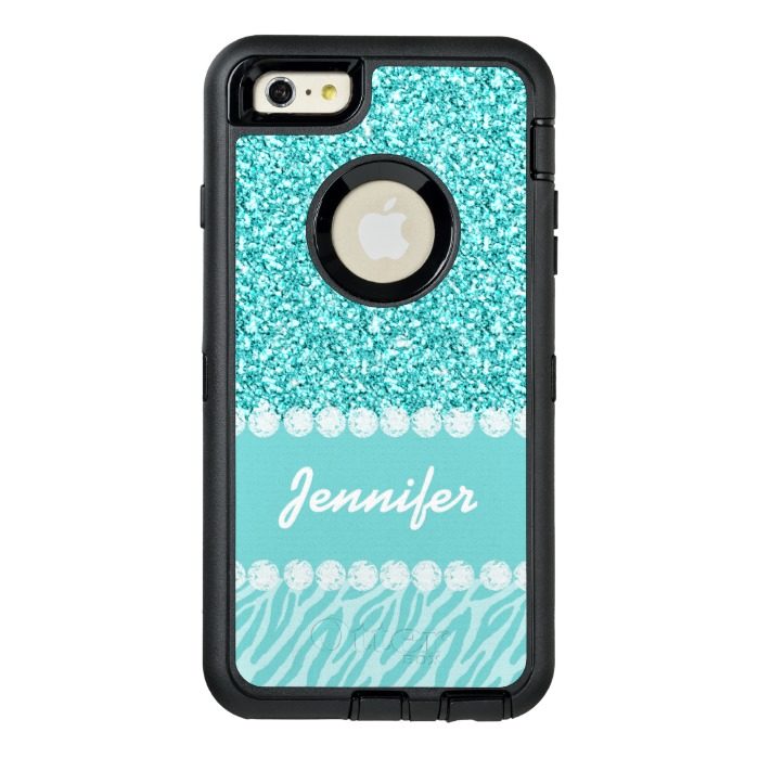 Girly Teal Glitter Zebra Stripes Personalized OtterBox Defender iPhone Case