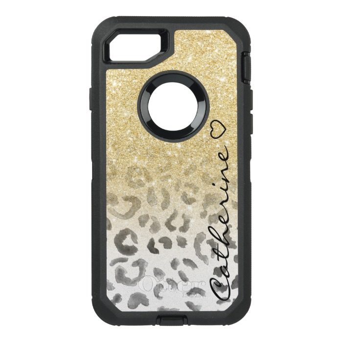 Girly monogram gold glitter leopard watercolor OtterBox defender iPhone 7 case