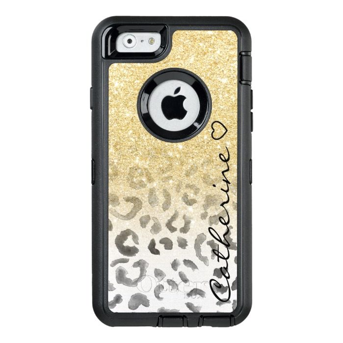Girly monogram gold glitter leopard watercolor OtterBox defender iPhone case