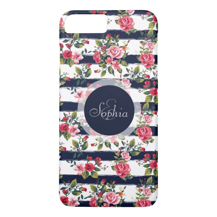 Girly vintage roses floral watercolor stripes iPhone 7 plus case