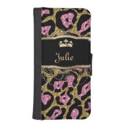 Glitter Leopard Pattern Pink Crown Monogram iPhone SE/5/5s Wallet