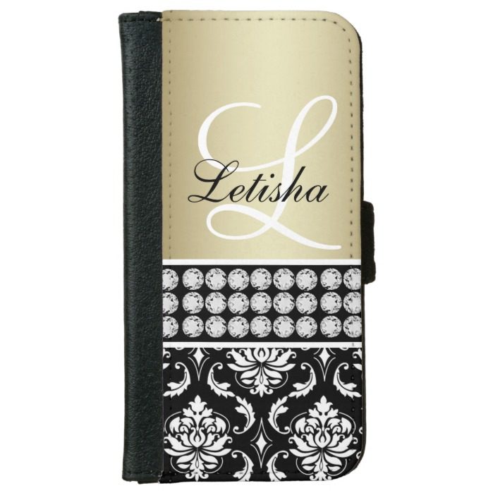 Gold Black Damask Your Name Monogram Wallet Phone Case For iPhone 6/6s