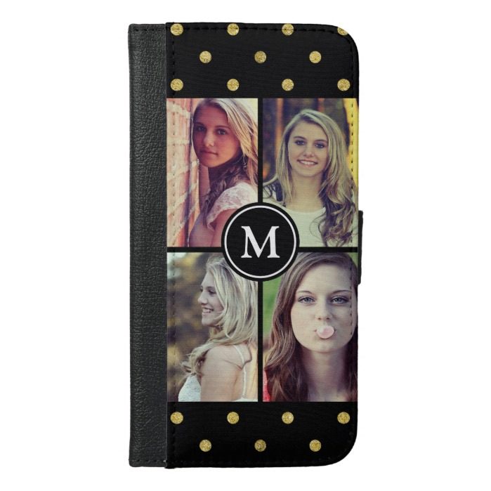 Gold Glitter Dots Girly Photo Collage Monogram iPhone 6/6s Plus Wallet Case