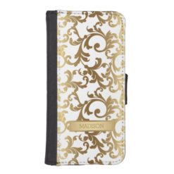 Gold Tone Elegant Damask Pattern Wallet Phone Case For iPhone SE/5/5s