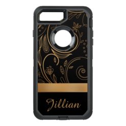 Gold and Black Damask Floral Name OtterBox Defender iPhone 7 Plus Case