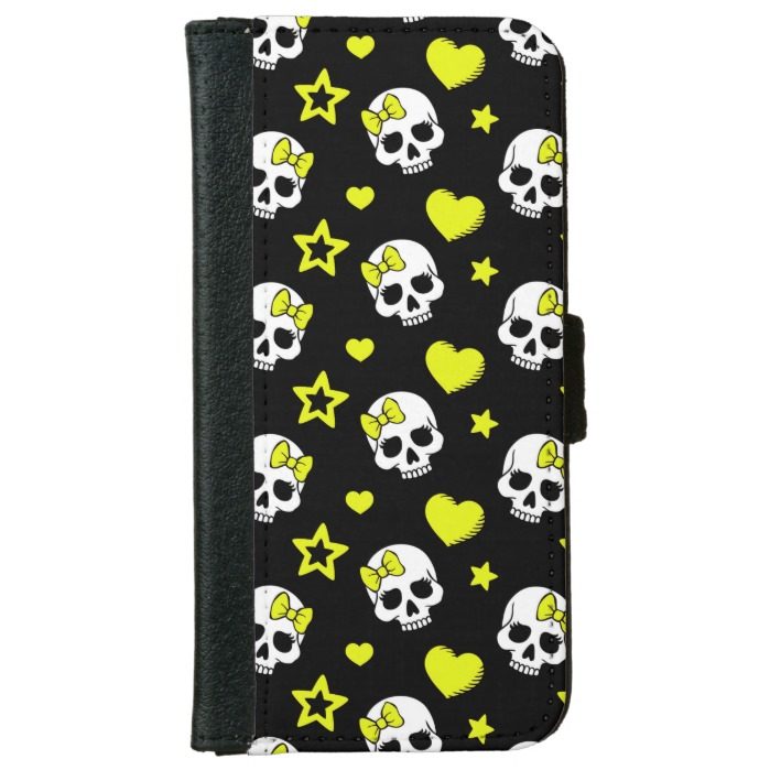Goth Skulls & Hearts with Yellow Accents Wallet Phone Case For iPhone 6/6s