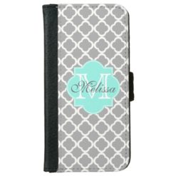 Gray Aqua Girly Cute Monogram Quatrefoil Pattern Wallet Phone Case For iPhone 6/6s