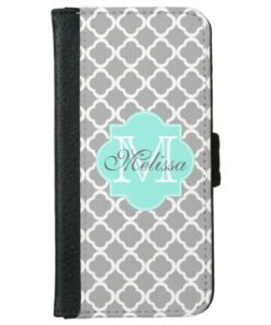 Gray Aqua Girly Cute Monogram Quatrefoil Pattern Wallet Phone Case For iPhone 6/6s
