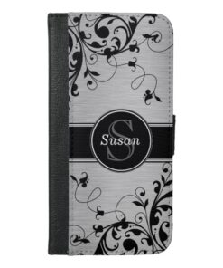 Gray Black Floral Swirls Pattern Monogram iPhone 6/6s Plus Wallet Case