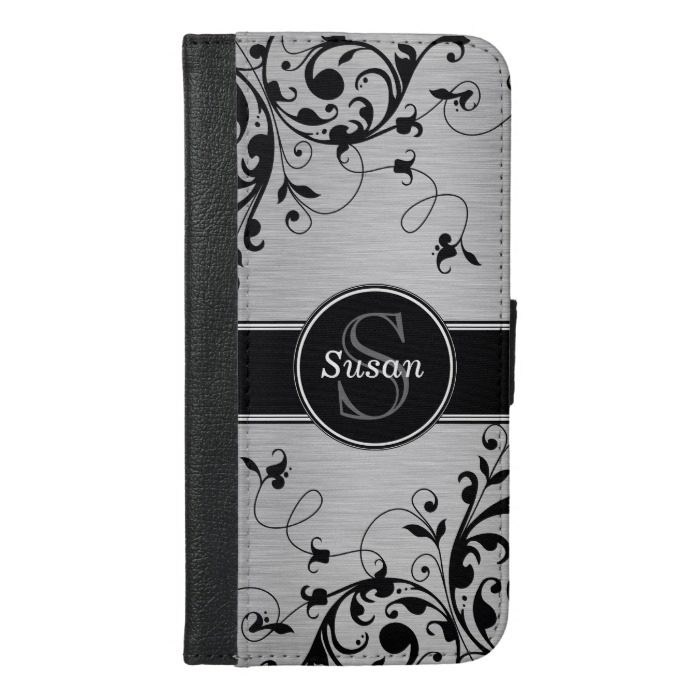 Gray Black Floral Swirls Pattern Monogram iPhone 6/6s Plus Wallet Case