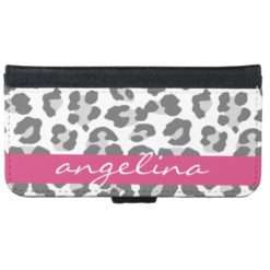 Gray Leopard Print Pattern with Pink Name iPhone 6/6s Wallet Case