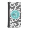 Gray and Aqua Monogrammed Damask Print Wallet Phone Case For iPhone SE/5/5s