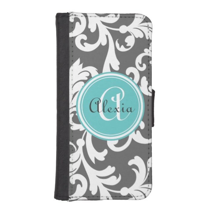 Gray and Aqua Monogrammed Damask Print Wallet Phone Case For iPhone SE/5/5s