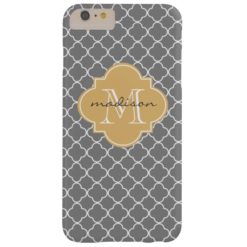 Gray and Gold Quatrefoil Custom Monogram Barely There iPhone 6 Plus Case