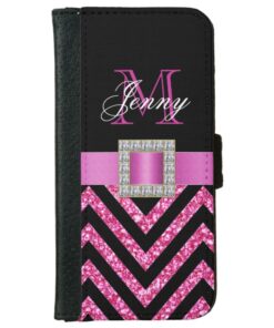 HOT PINK BLACK CHEVRON GLITTER GIRLY WALLET PHONE CASE FOR iPhone 6/6S