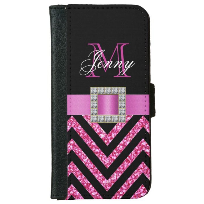 HOT PINK BLACK CHEVRON GLITTER GIRLY WALLET PHONE CASE FOR iPhone 6/6S