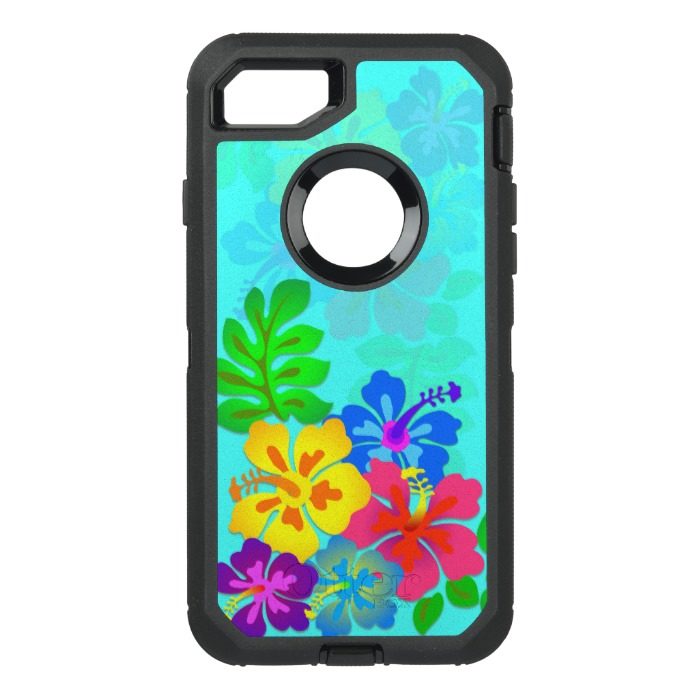 Hawaiian Flowers Hibiscus Leaves Aqua OtterBox Defender iPhone 7 Case