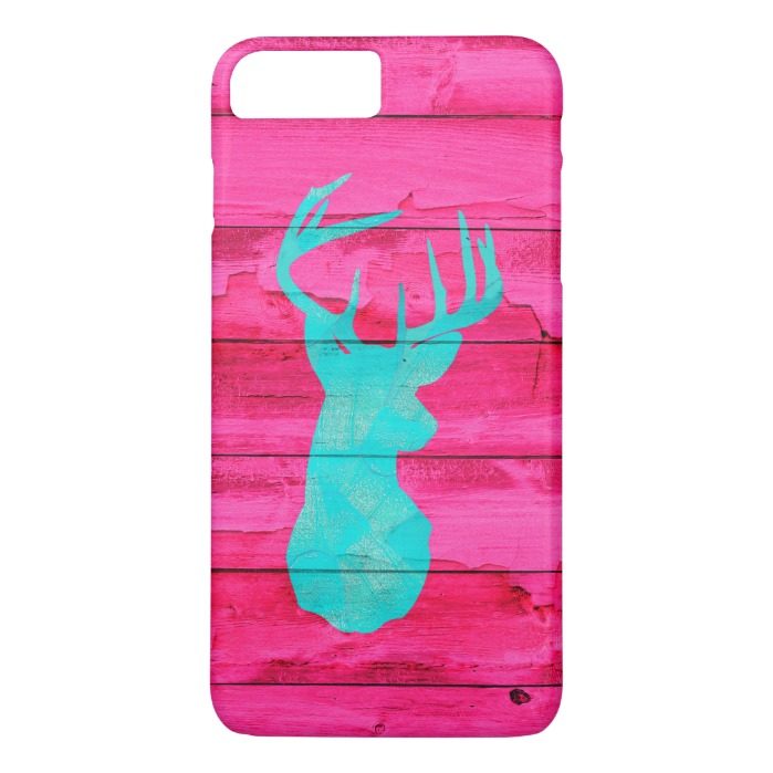 Hipster Teal Blue deer head Hot Pink Vintage Wood iPhone 7 Plus Case
