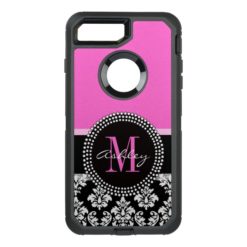 Hot Pink Black Damask Monogrammed OtterBox Defender iPhone 7 Plus Case