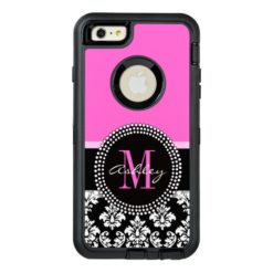 Hot Pink Black Damask Monogrammed OtterBox Defender iPhone Case