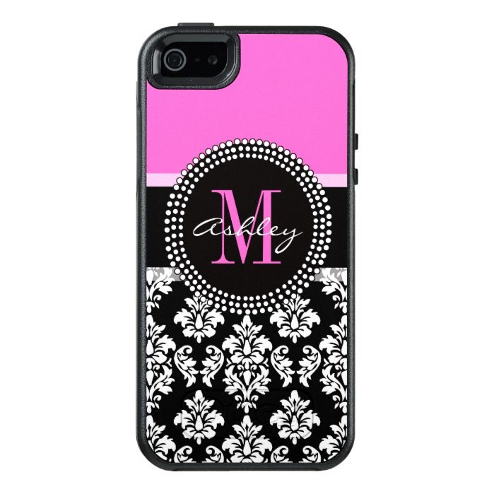 Hot Pink Black Damask Monogrammed OtterBox iPhone 5/5s/SE Case
