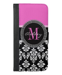 Hot Pink Black Damask Monogrammed iPhone 6/6s Plus Wallet Case