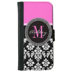 Hot Pink Black Damask Monogrammed iPhone 6/6s Wallet Case
