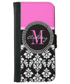 Hot Pink Black Damask Monogrammed iPhone 6/6s Wallet Case